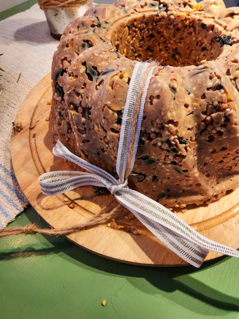 How to hang a birdseed wreath with a pretty bit of ribbon. 