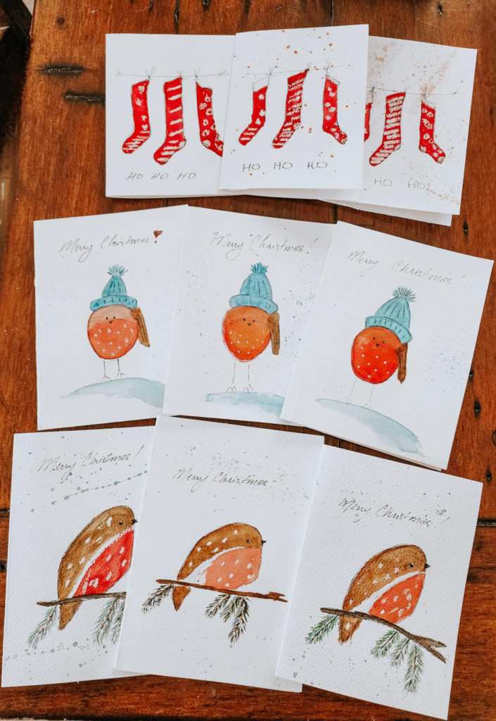 Handmade watercolour holiday cards. 