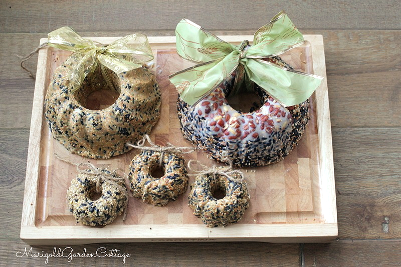 A variety of different sized bird seed wreaths made of all natural ingredients so they are safe for the birds. 