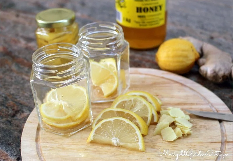 A couple of cute little jars being filled with lemons and ginger to make a homemade cough and cold remedy. 