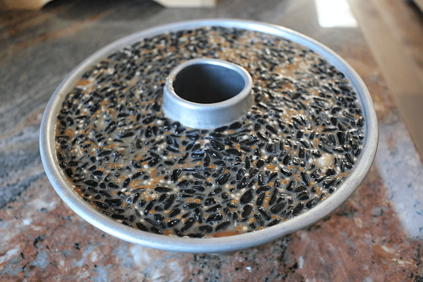 A bundt pan filled with a suet mix to feed the birds.