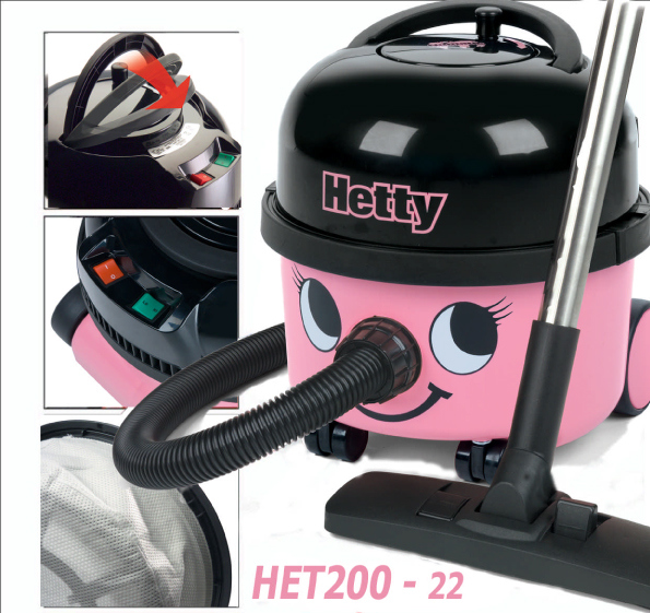 A smiling pink vacuum cleaner named Hetty, featuring a black top and various controls on the front. The image shows the vacuum's hose attachment and a close-up of its filter.