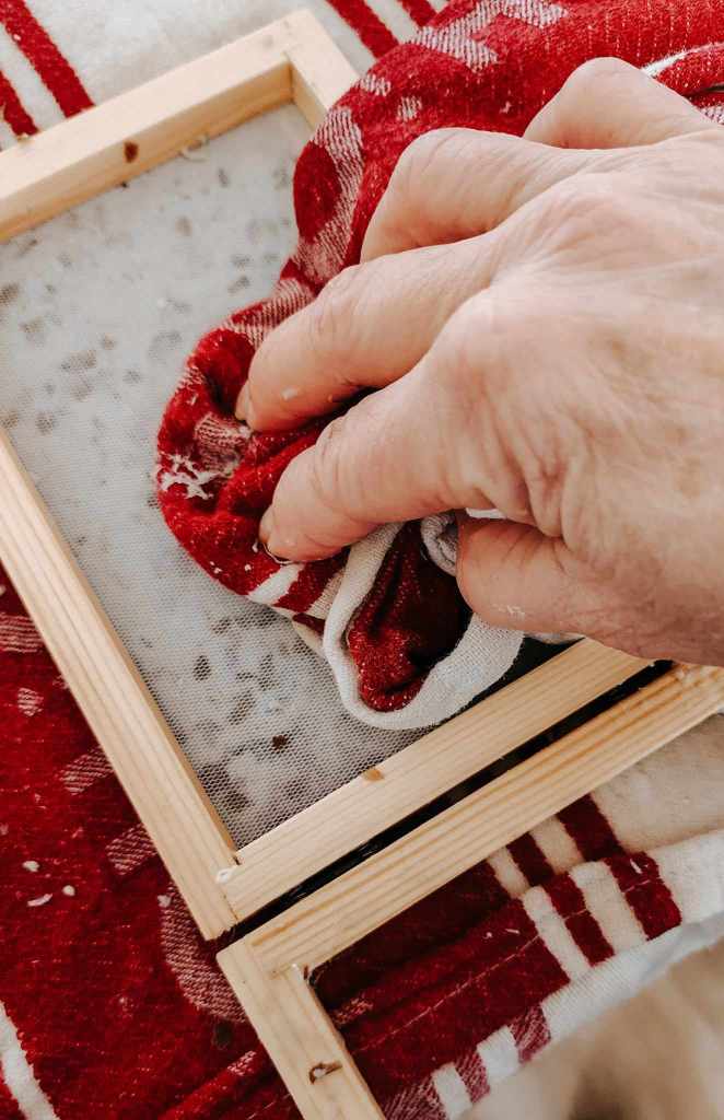 Blotting the seeded paper with a tea towel to dry the paper a little bit.