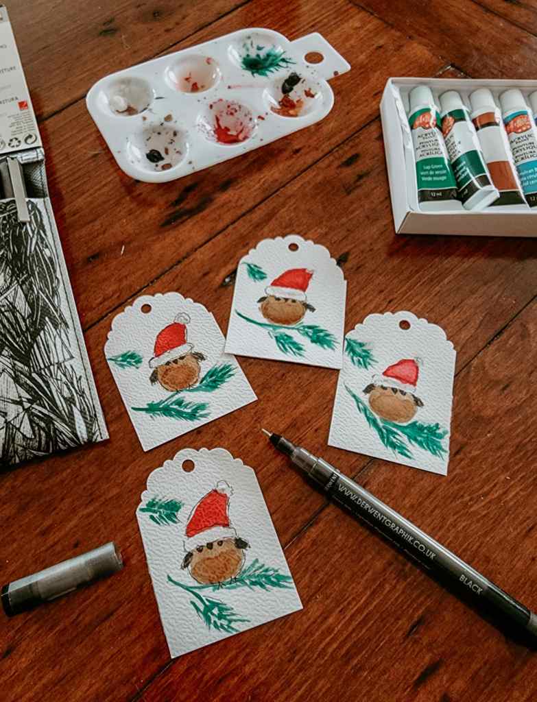 Watercolour painted little bird gift tags for the holidays.