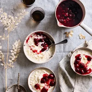 Danish ice pudding with cherry sauce. 