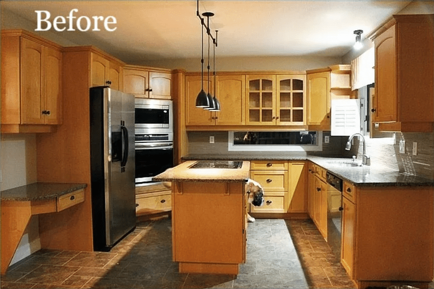 The before picture of our kitchen. Orange wood, down lighting, dark countertops, ugly flooring. 