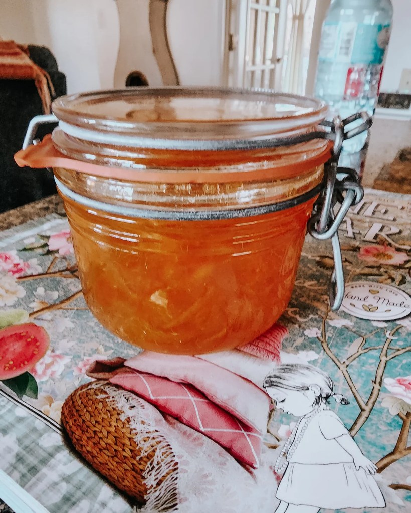 A jar of newly made marmalade. Quick and easy to make. 