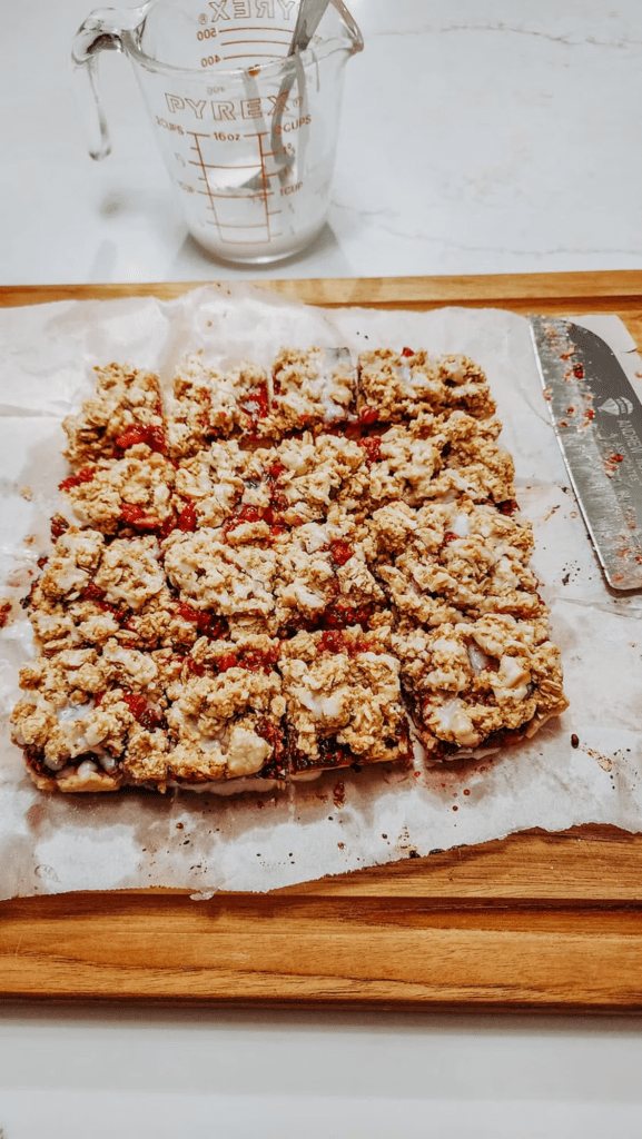 Top with the glaze and slice into squares once the crumble has cooled. 