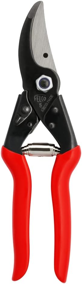 A pair of Felco hand pruners with red handles, designed for pruning and gardening tasks.