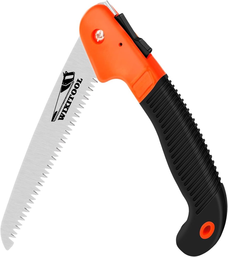 A folding pruning saw with an orange and black handle, suitable for cutting branches in gardening.