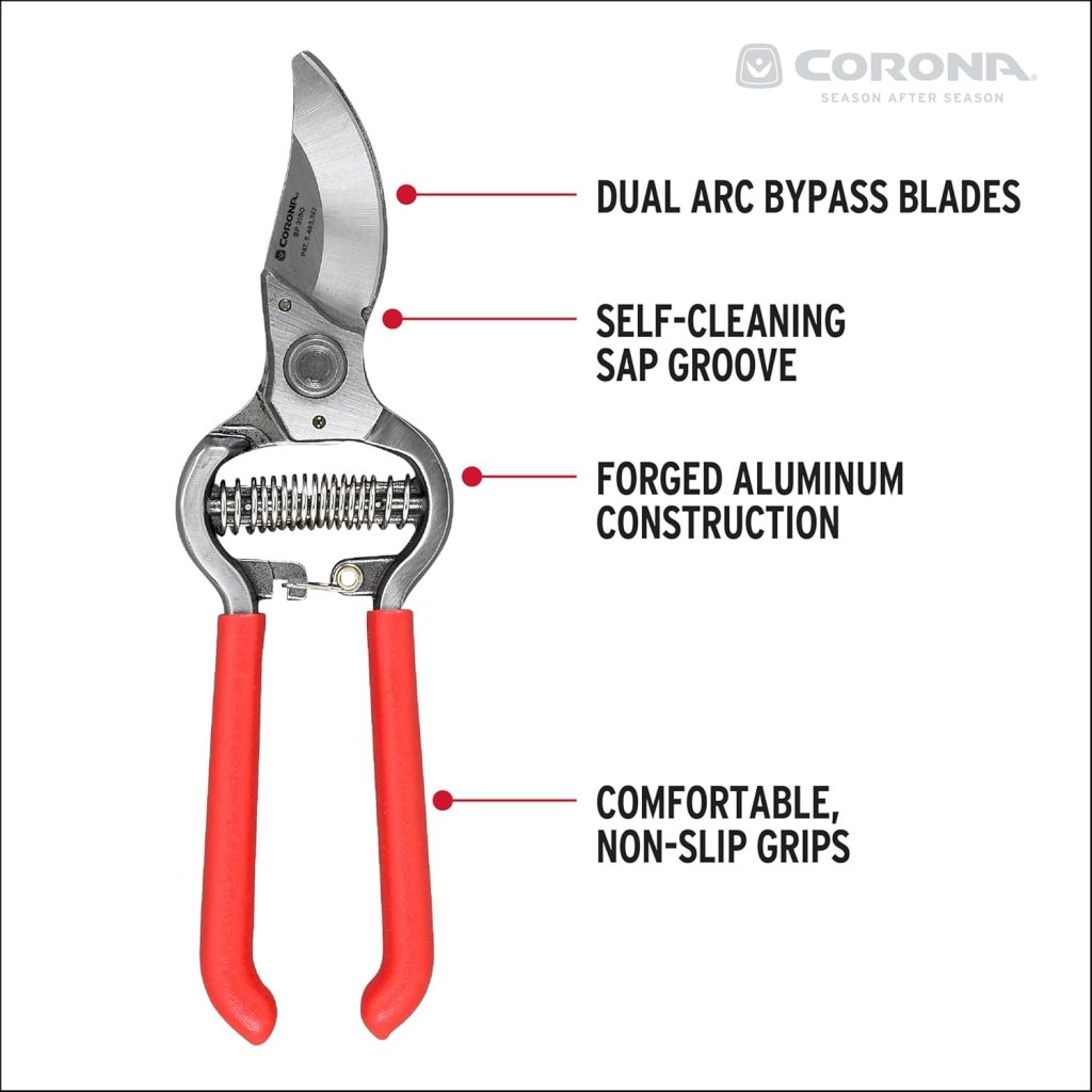 A pair of pruning shears featuring dual arc bypass blades, a self-cleaning sap groove, forged aluminum construction, and comfortable, non-slip grips.