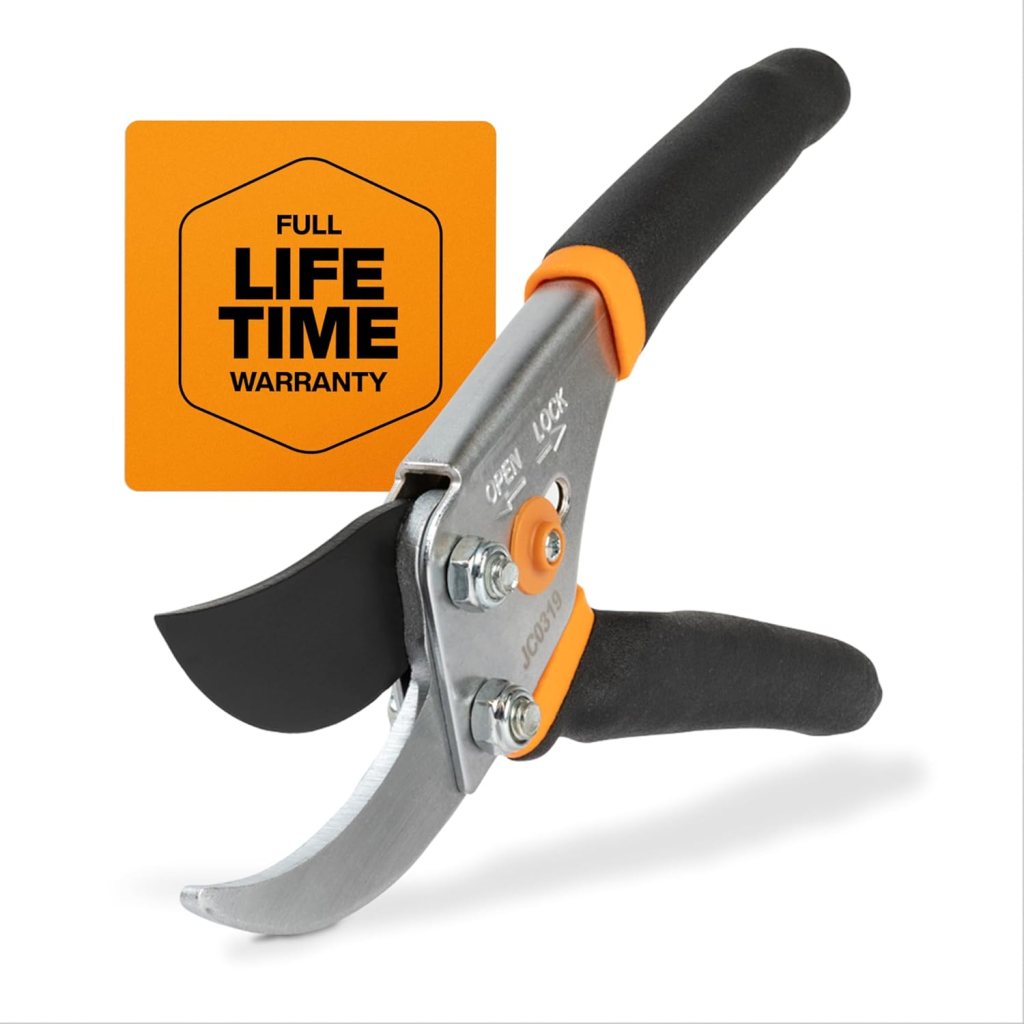 A pair of hand pruners designed for trimming branches, featuring a comfortable grip and a warranty label indicating a full lifetime guarantee.