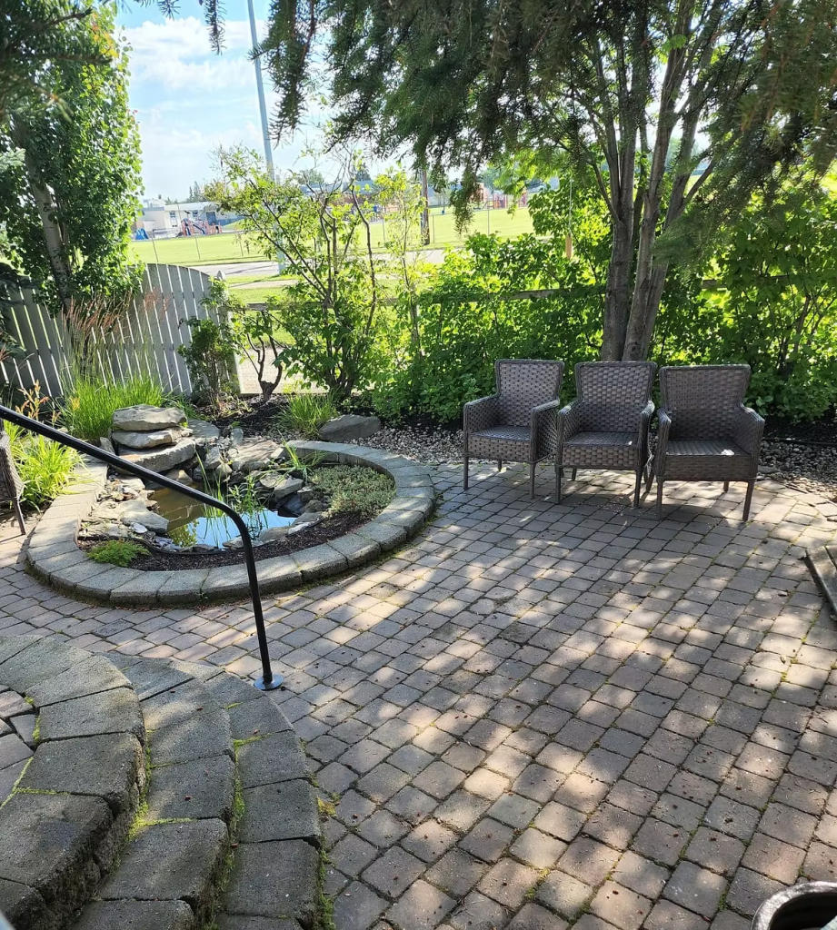 A small pond in a cobblestone patio. 