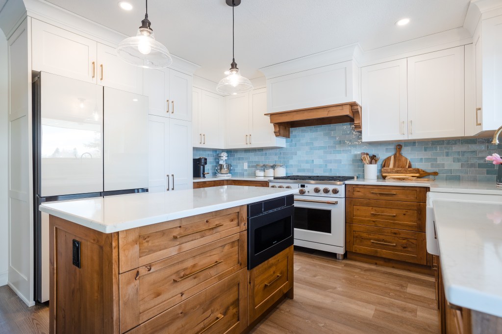 A blue and white kitchen renovation for aging in. 