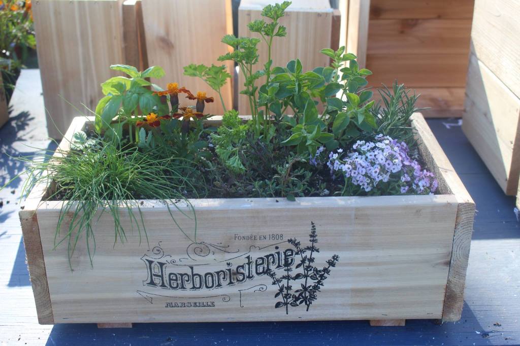 A wooden herb planter box filled with various herbs like basil, marigold, and rosemary, resting on a wooden surface.