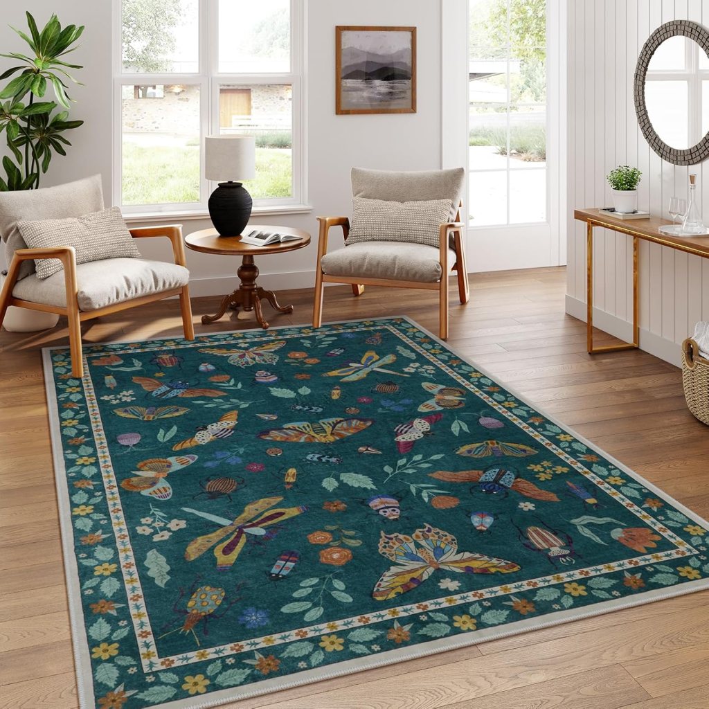 A vibrant indoor rug featuring butterflies and flowers in rich colors, placed in a well-lit room with wooden flooring and modern furniture.