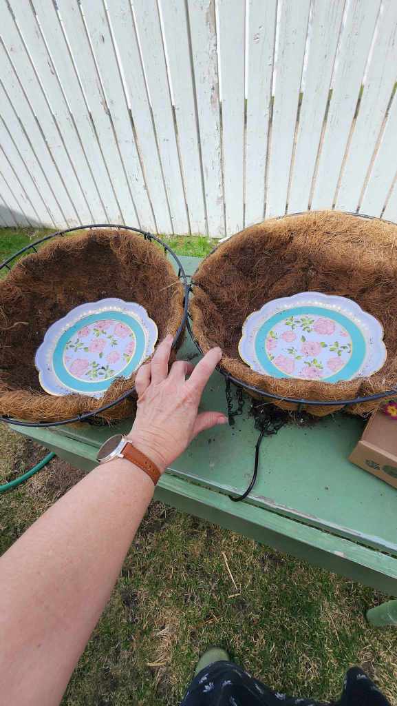 A person placing a decorative plate inside two dry hanging baskets on a green table, with a white wooden fence in the background.