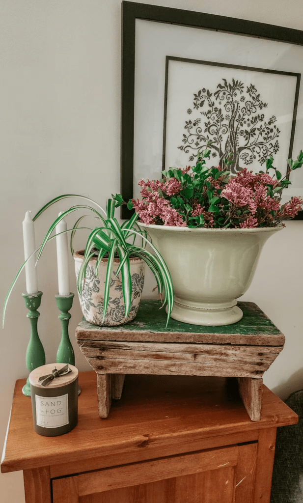 A decorative arrangement featuring a green plant in a blue and white pot, a light green planter with pink flowers, green candles, and a candle in a beige jar labeled 'SAND + FOG,' all displayed on a wooden table.
