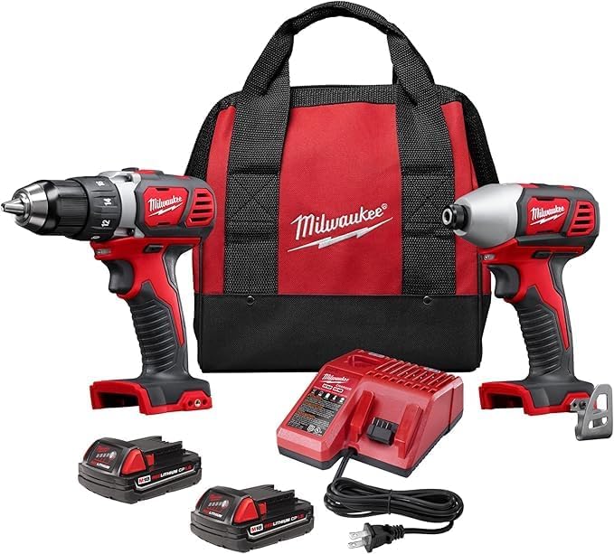Milwaukee power tool kit featuring a drill, impact driver, two batteries, a charger, and a carrying bag.
