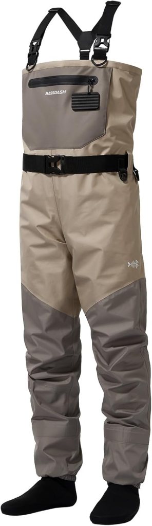 Waterproof fishing waders in beige and gray, designed for outdoor fishing activities.