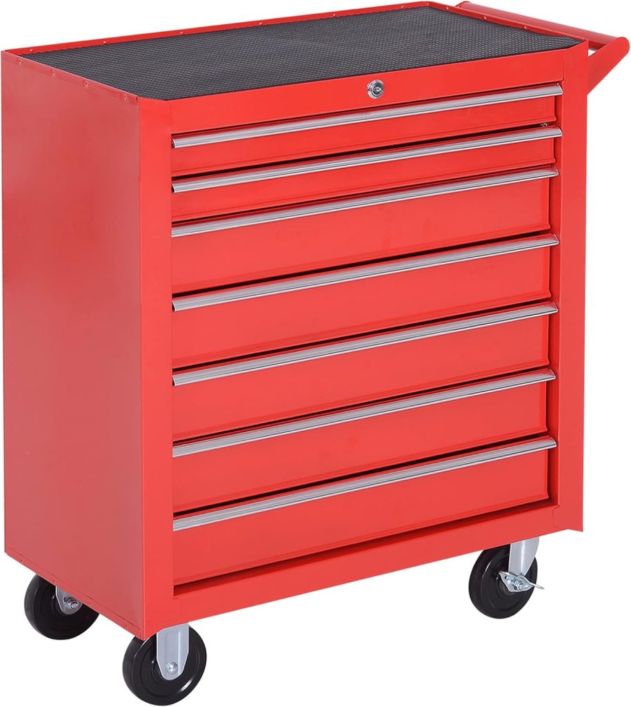 A red tool chest with multiple drawers, designed for organizing tools and equipment.