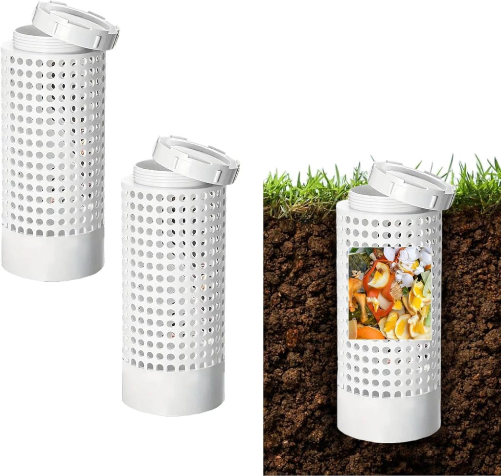 Two in-ground composters with a perforated design, shown with one partially buried in soil and displaying vegetables inside.