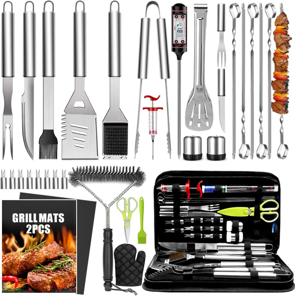 A complete stainless steel barbecue tool set including tongs, spatula, knife, grill brush, skewers, and a digital thermometer, all stored in a convenient carrying case.