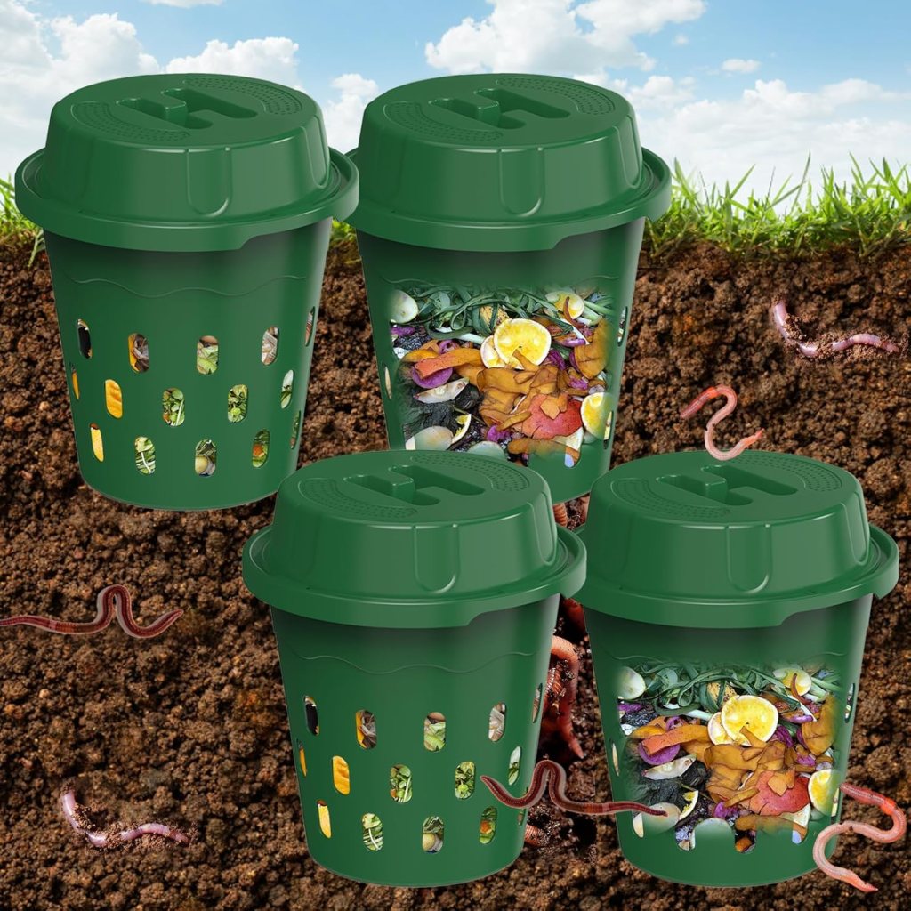 Four green in-ground composters with cutouts, showing organic waste inside, placed above soil with worms visible.
