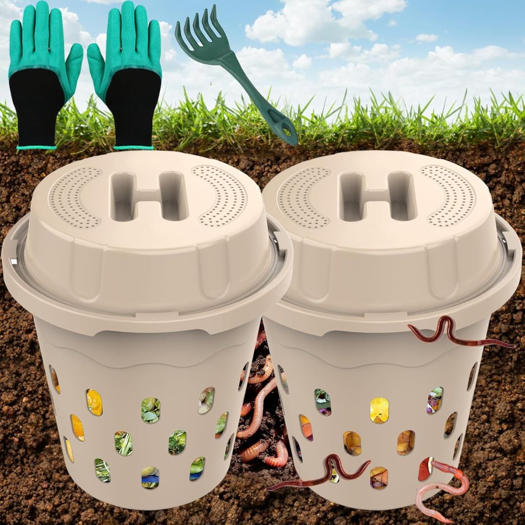 Two beige in-ground composters with holes for ventilation, surrounded by soil and gardening gloves and tools in the background.