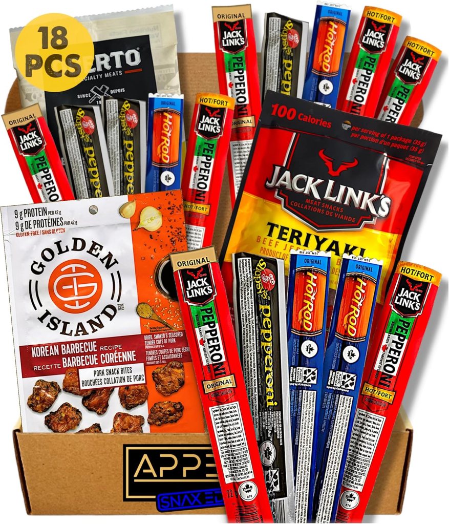 A variety pack of meat snacks featuring Jack Link's products, including teriyaki beef sticks, pepperoni sticks, and Korean barbecue pork bites, arranged in a box with a label indicating 18 pieces.