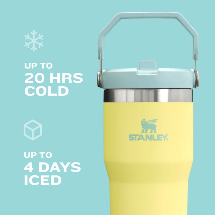 Yellow insulated tumbler with lid and handle, featuring text that states 'Up to 20 hrs cold' and 'Up to 4 days iced' next to a snowflake and a cube icon.