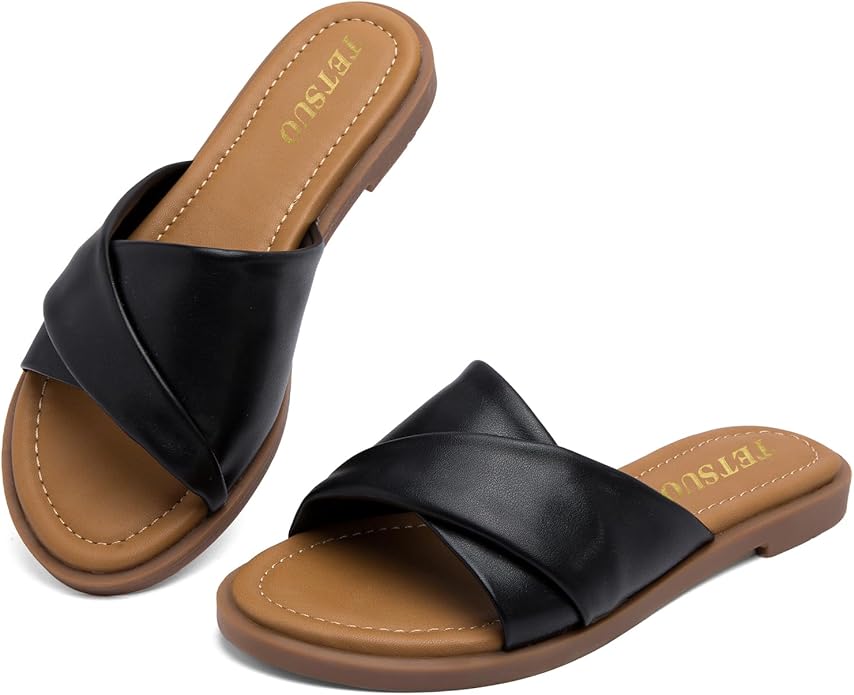 A pair of black pillow slides with a cross-over design and a brown sole, suitable for casual summer wear.