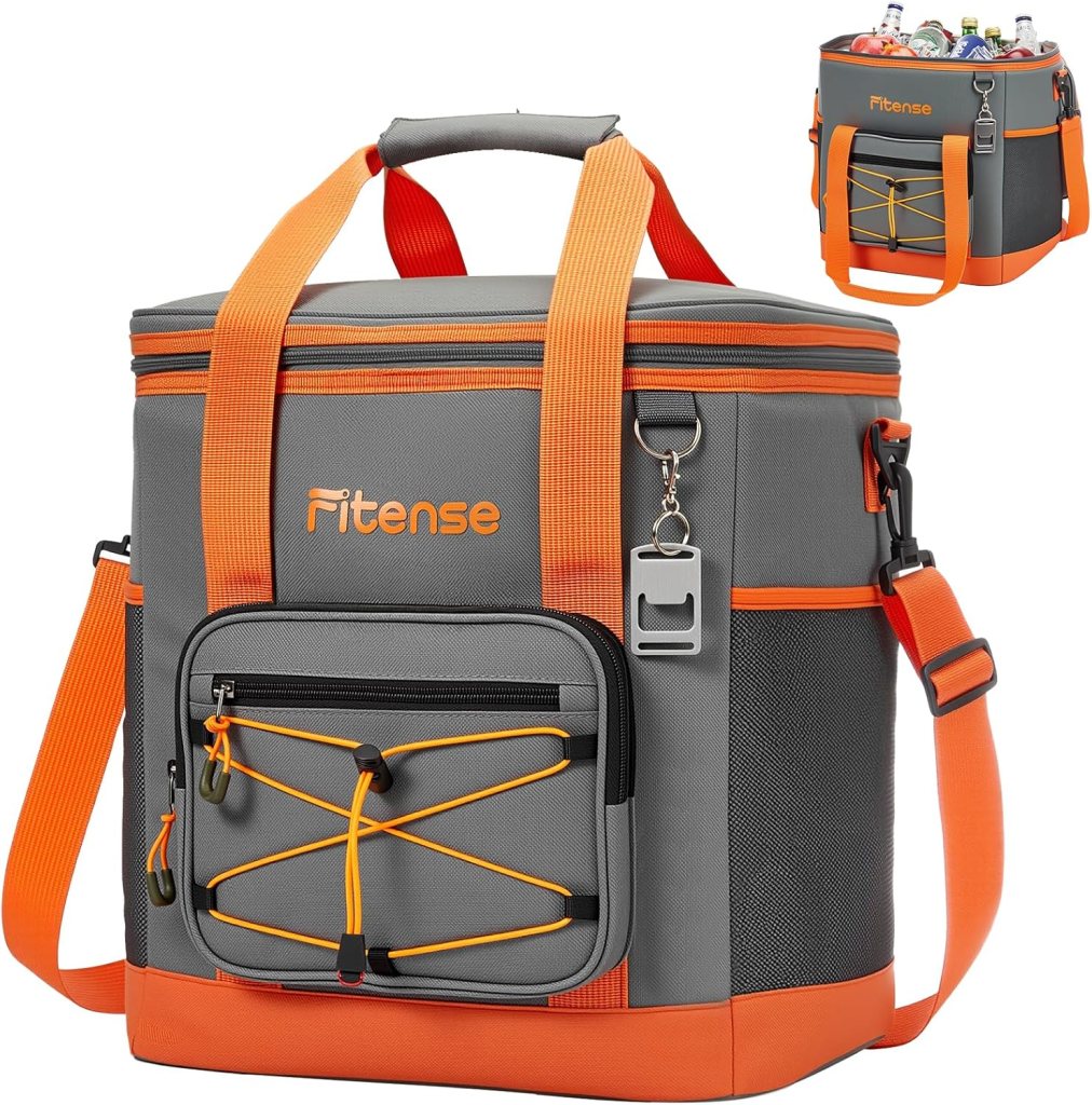Insulated cooler bag in gray and orange design, featuring a front pocket and shoulder strap for easy carrying.