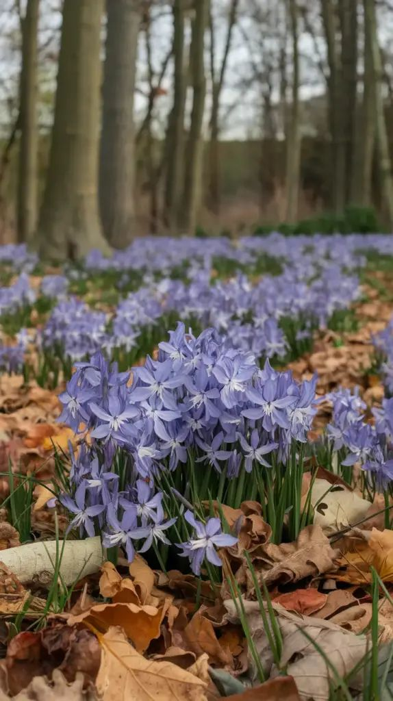 A cluster of pale blue flowers blooming amidst fallen leaves in a forest setting.
