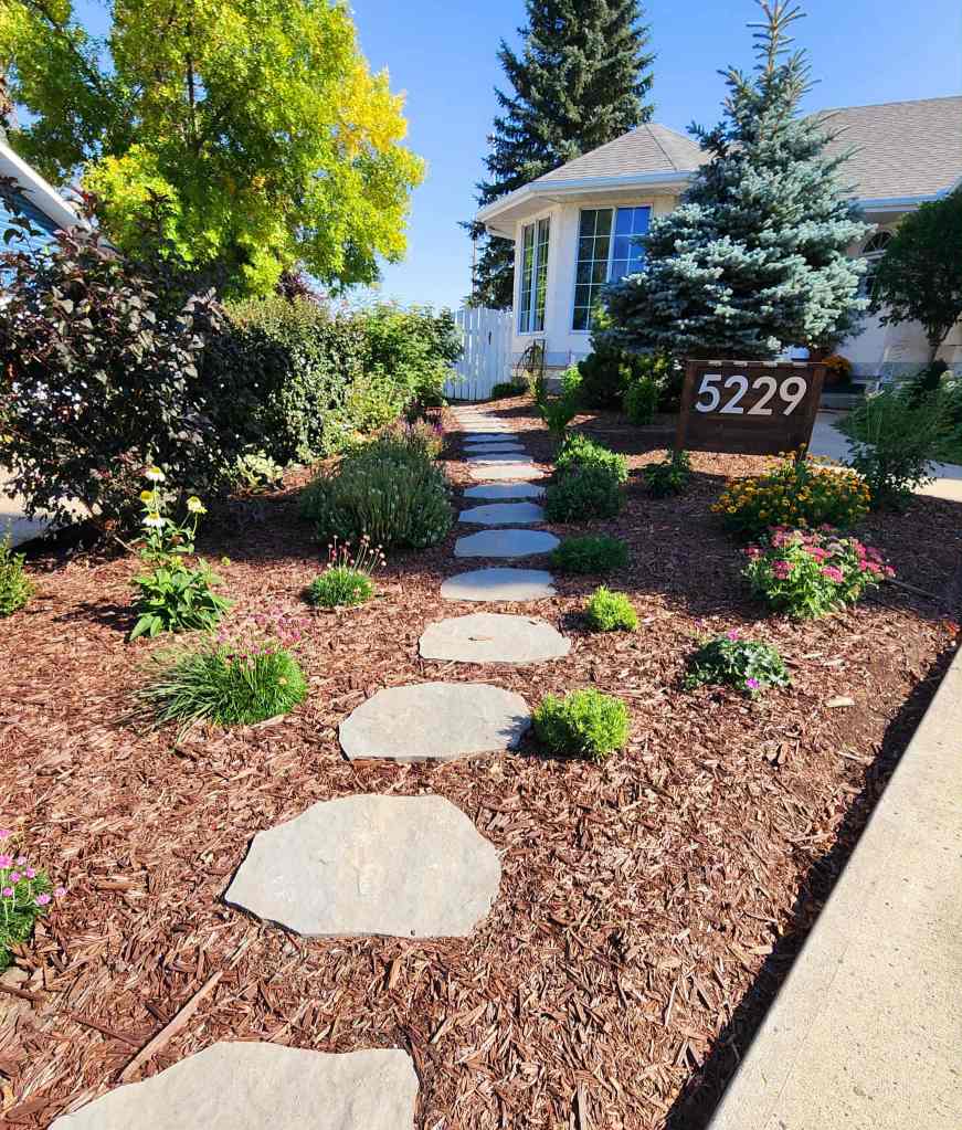 A well-maintained front yard featuring a stone pathway leading to a house, bordered by colorful plants and shrubs under a clear blue sky.