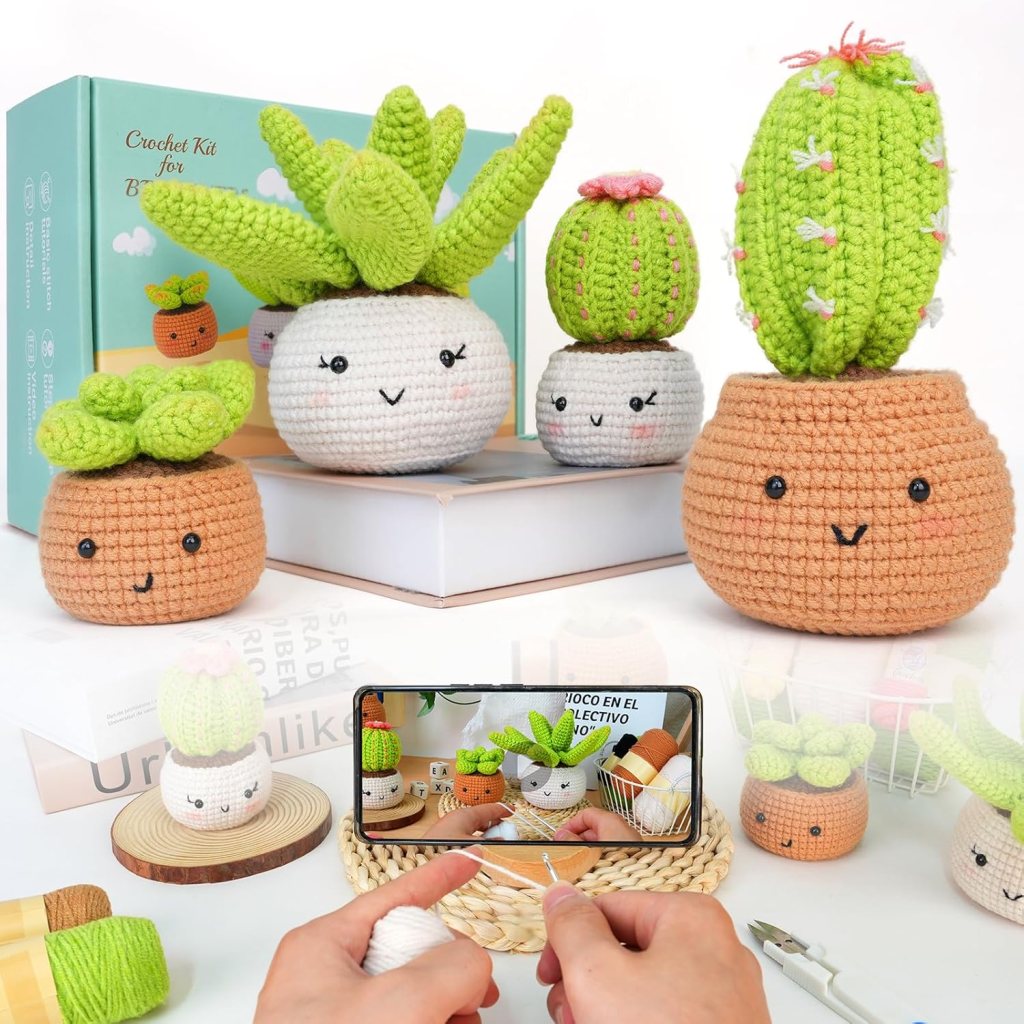 A crochet kit featuring adorable potted plants in various styles, with a person using a crochet hook in the foreground.