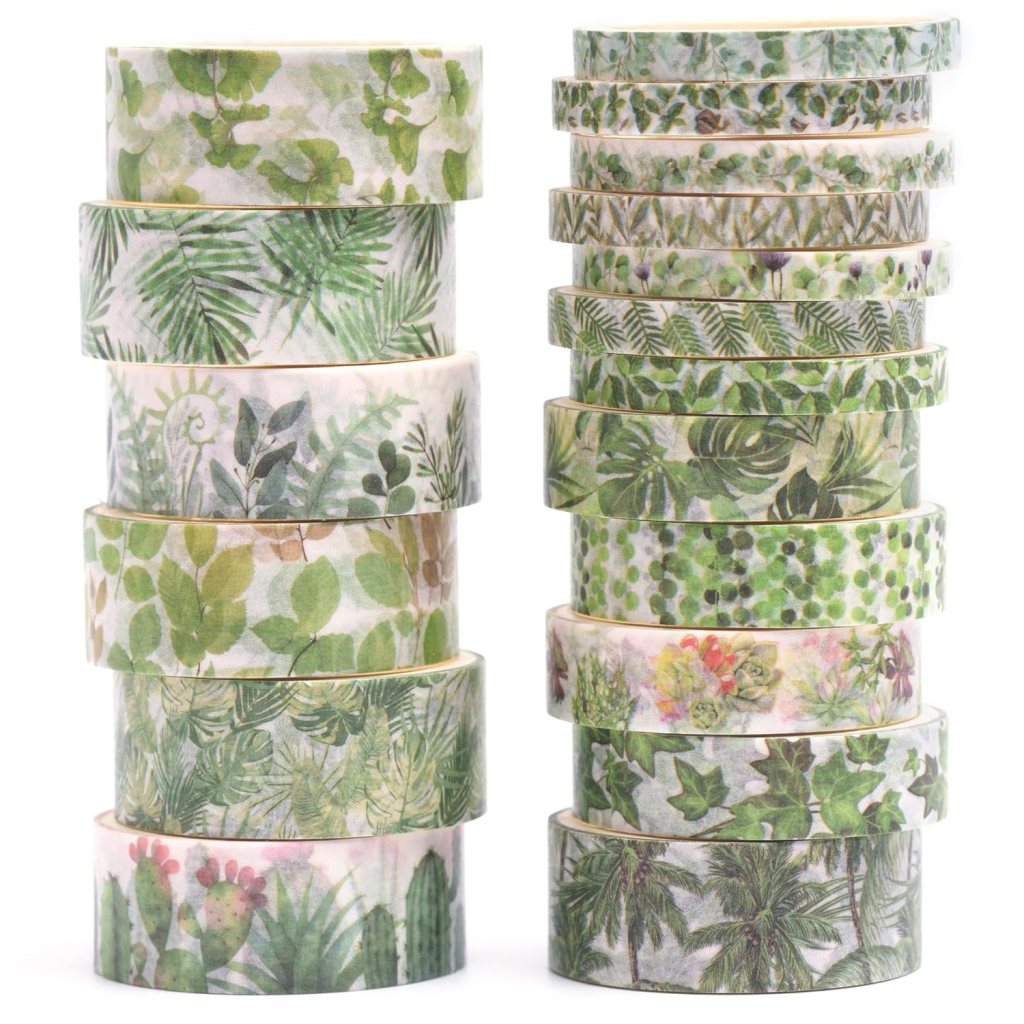 A collection of decorative washi tapes featuring various green plant patterns stacked in two segments.