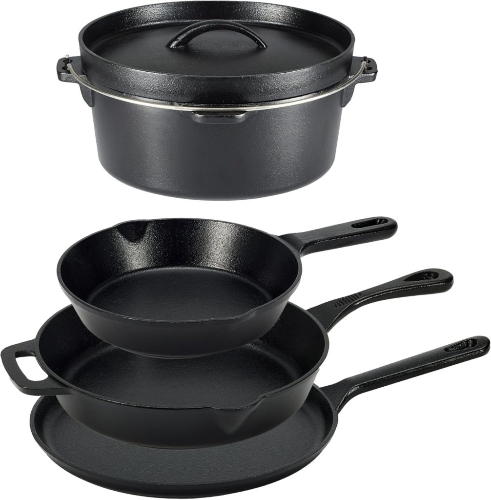 A set of three black cast iron cookware items stacked together, including a deep pot with a lid, a shallow frying pan, and a griddle.