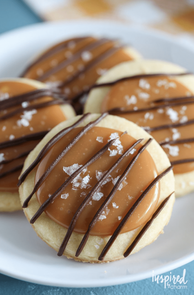A close-up of round caramel cookies topped with a drizzle of chocolate and sea salt on a white plate.