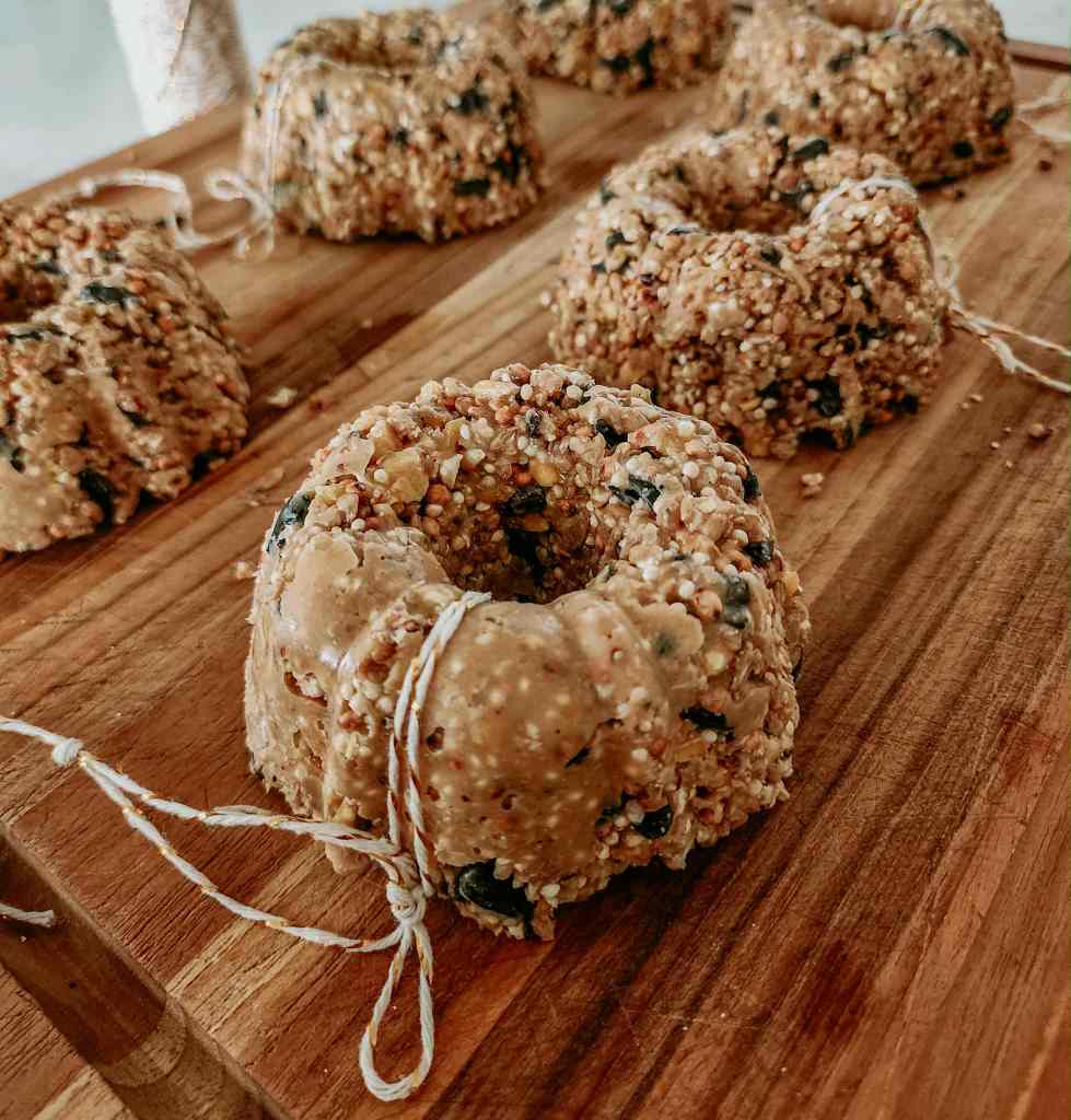 Close-up of mini birdseed wreaths made with peanut butter and seeds, tied with string, arranged on a wooden board.