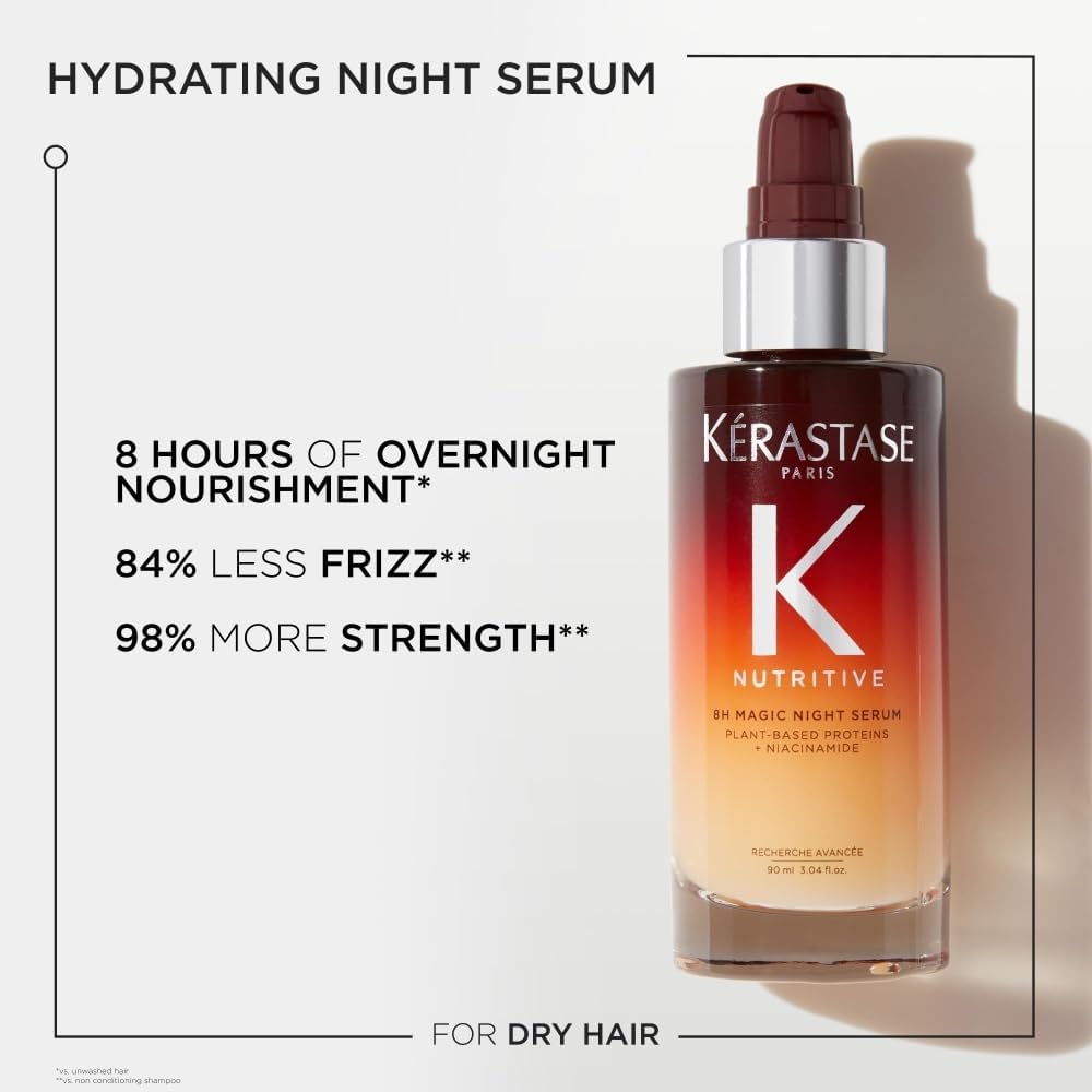 A bottle of Kérastase Nutrivite Hydrating Night Serum designed for dry hair, showcasing its benefits of overnight nourishment, frizz reduction, and increased strength.
