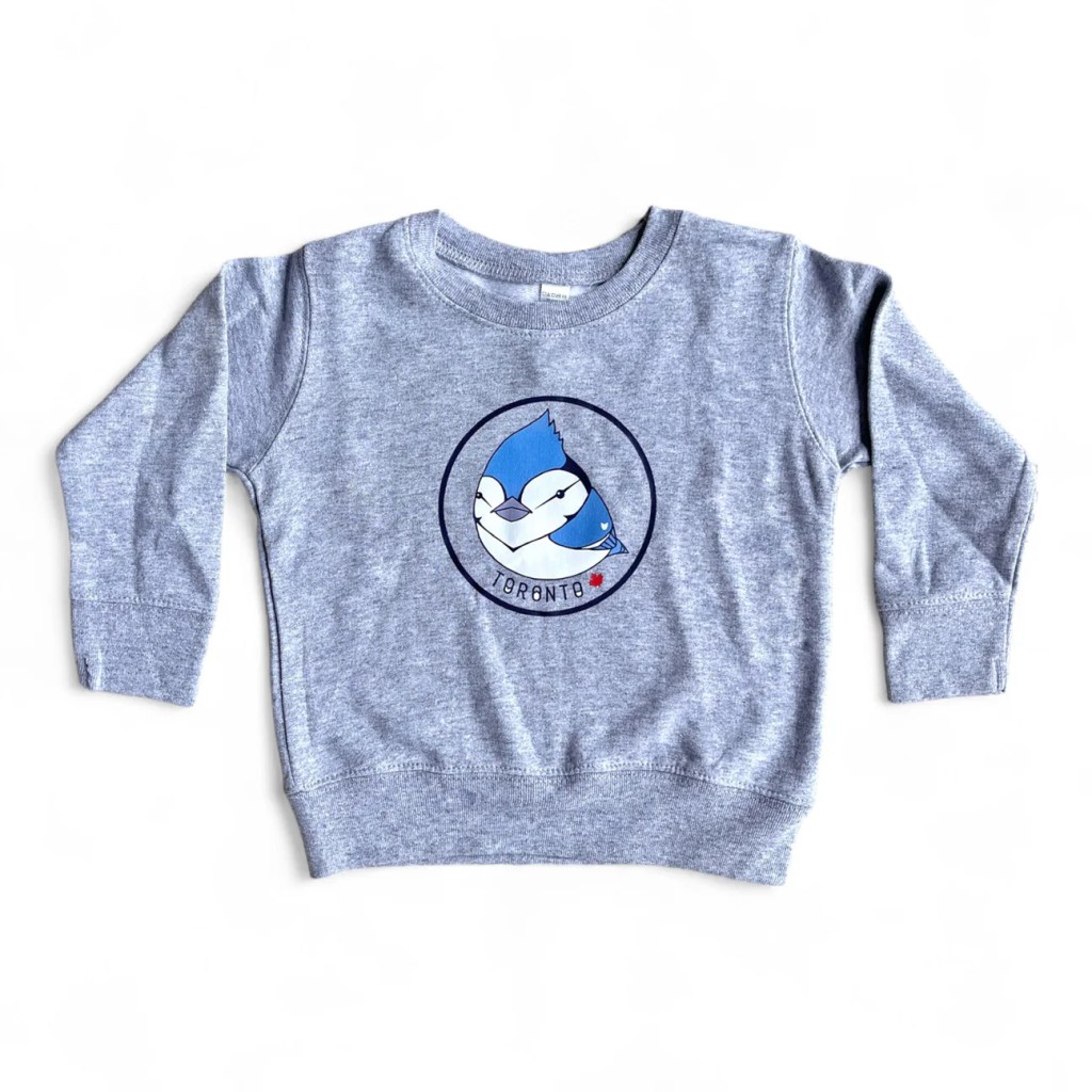 Gray sweatshirt featuring a blue jay design and the word 'Toronto' beneath it.