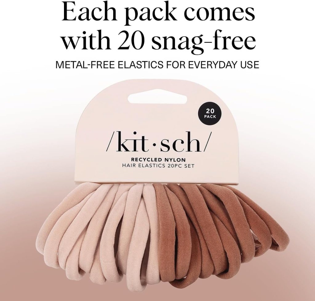 A pack of 20 recycled nylon hair elastics in various shades, labeled as snag-free and metal-free for everyday use.
