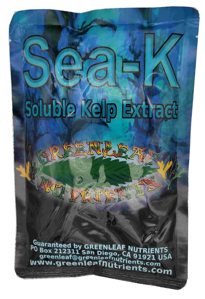 Bag of Sea-K soluble kelp extract by Greenleaf Nutrients, featuring a colorful ocean-inspired design.