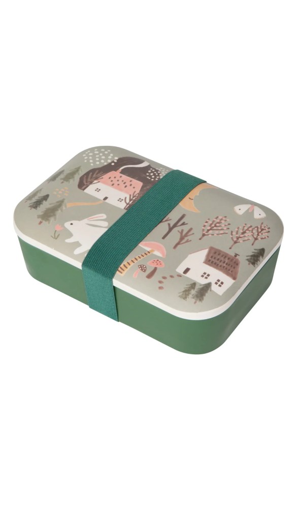A decorative lunch box featuring whimsical illustrations of animals, houses, and trees, secured with a green elastic band.