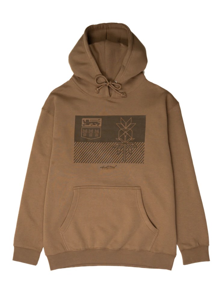 Brown hoodie featuring a graphic design with a pineapple motif and textures.