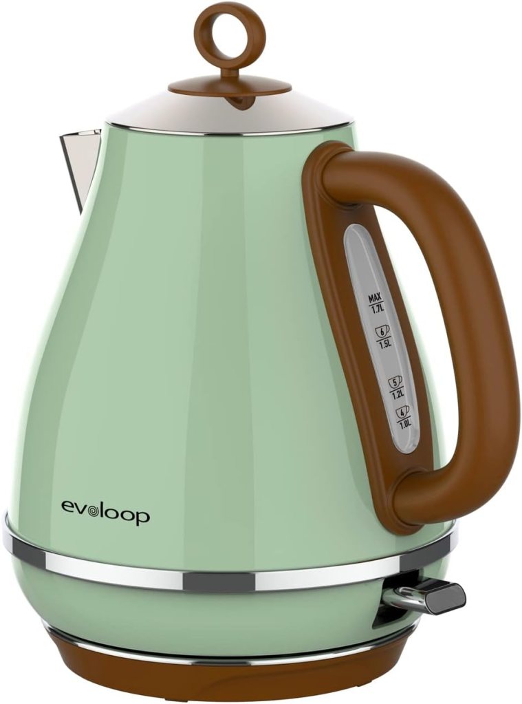 A mint green electric kettle with a brown handle and a circular lid, featuring a water level indicator and a base with a control button.