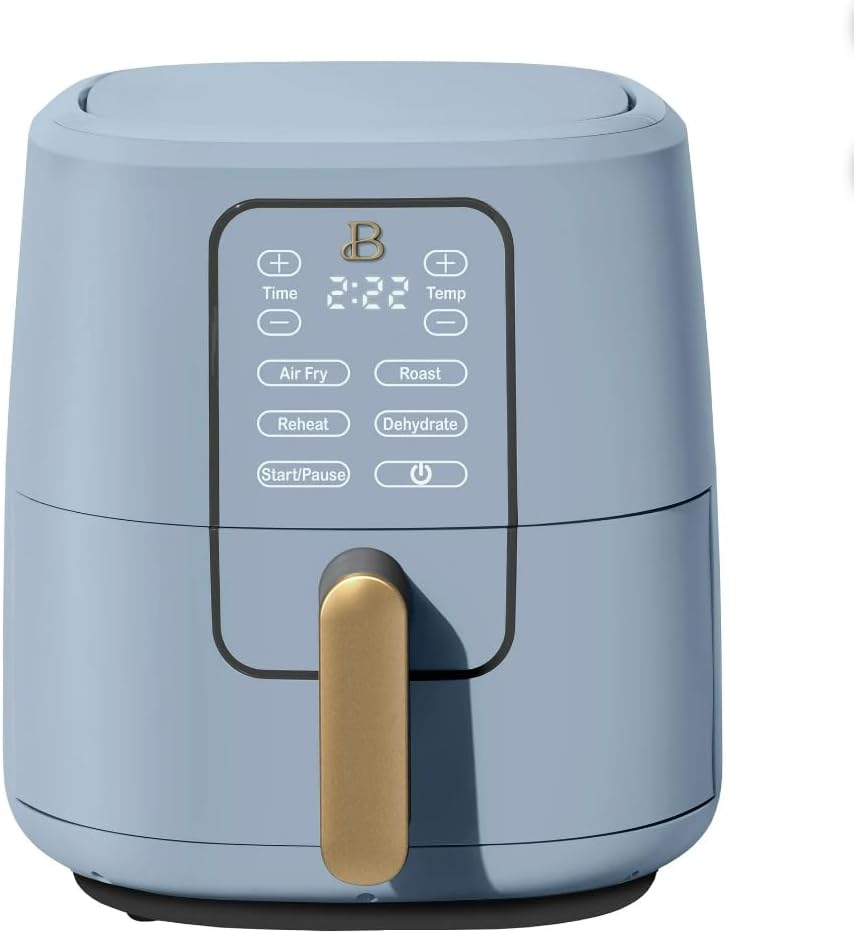 A modern blue air fryer featuring a digital display with buttons for time, temperature, air fry, roast, reheat, and dehydrate functions.