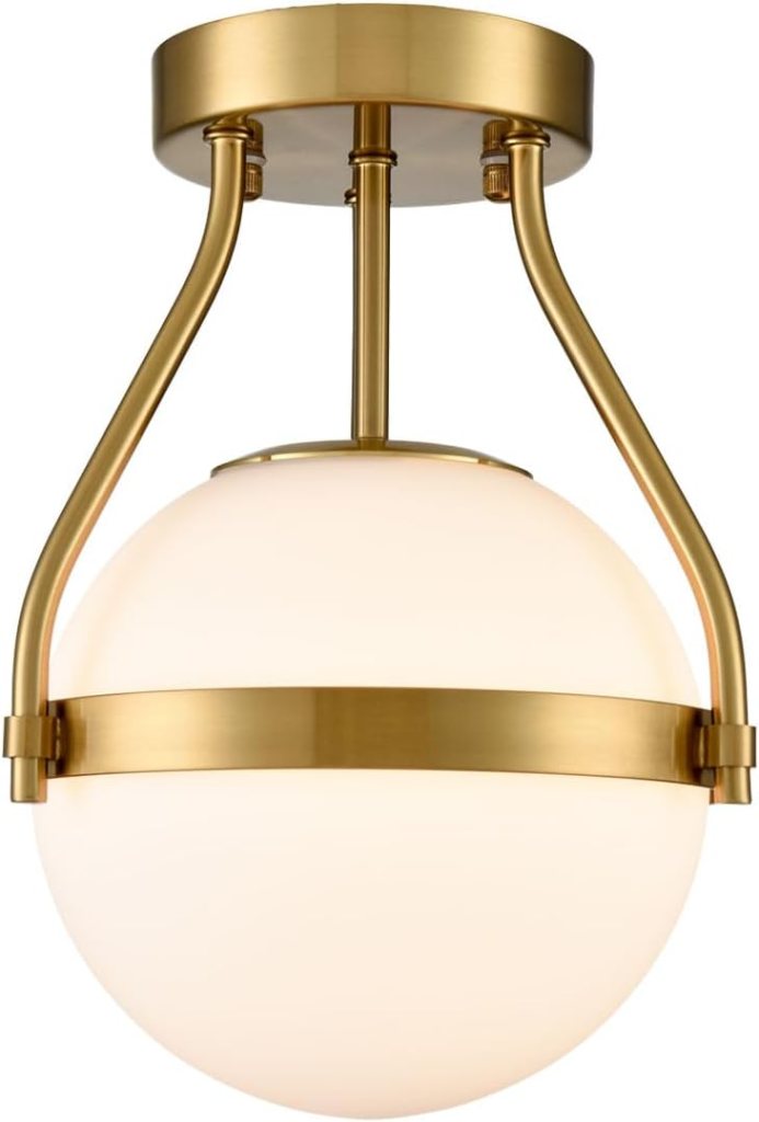 A modern ceiling light fixture featuring a gold frame and a round white glass shade.