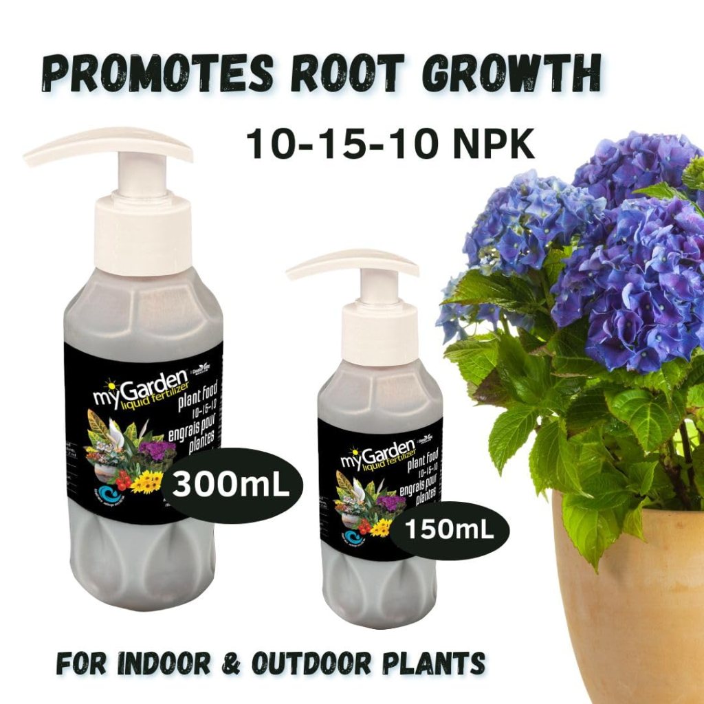 Two bottles of liquid fertilizer labeled 'myGarden,' one 300mL and one 150mL, promoting root growth with a 10-15-10 NPK ratio. The bottles are placed next to a potted hydrangea plant.